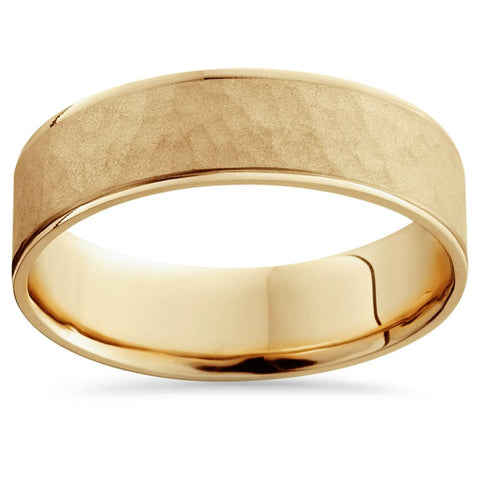14K Yellow Gold Mens Brushed Hammered Wedding Band 6mm
