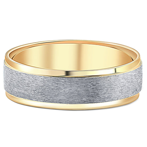 7mm Mens 10k White and Yellow Gold Two Tone Brushed Flat Edge Wedding Band