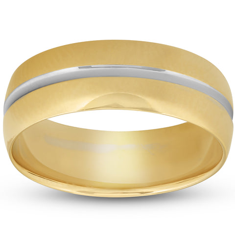 8MM Mens 14k Yellow Gold Ring Two Tone Polished Wedding Band