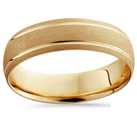 14K Yellow Gold Mens Brushed Dome Double Line Wedding Band 6mm