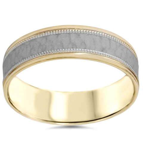 Hammered Two Tone Wedding Band Mens 14K White & Yellow Gold Brushed Ring 6MM