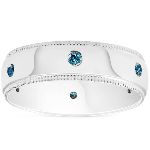 Mens Heat Treated Blue Diamond Wedding Ring 10K White Gold High Polished 6mm Milgrain