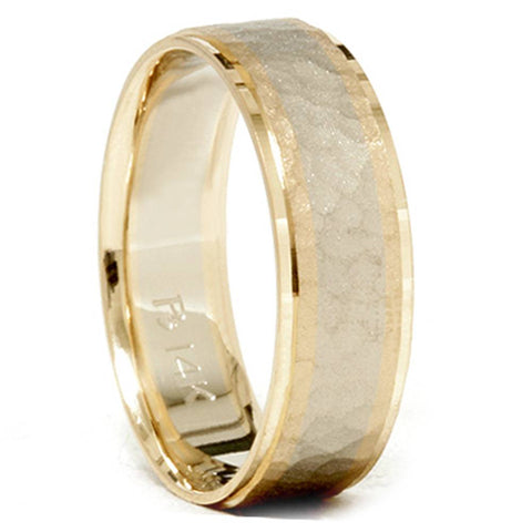 Mens 14K Gold Two Tone Hammered Comfort Wedding Band