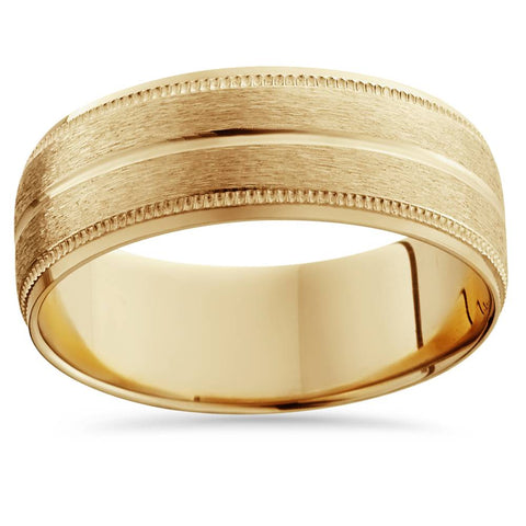 9mm 14K Yellow Gold Mens Brushed Double Line Mens Wedding Band 9mm Ring