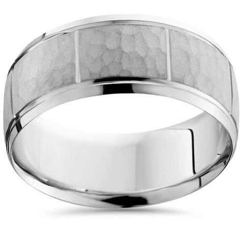 Mens 8MM Hammered Satin White Gold Wedding Band Ring
