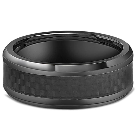 Black Titanium 8mm Beveled Band with Black Carbon Fiber Inlay Comfort Fit