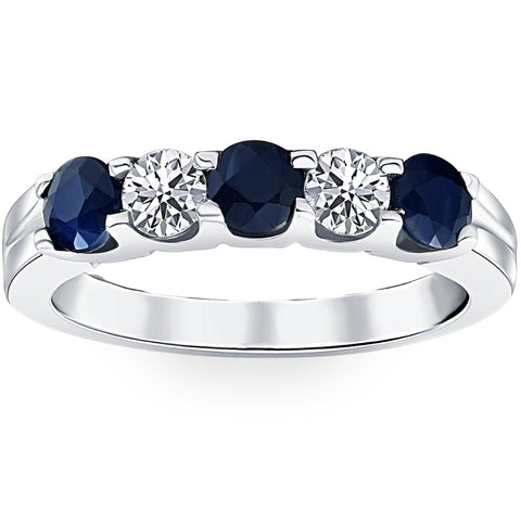 1 Ct Five Stone Genuine Blue Sapphire Diamond Wedding Ring 14K White Gold