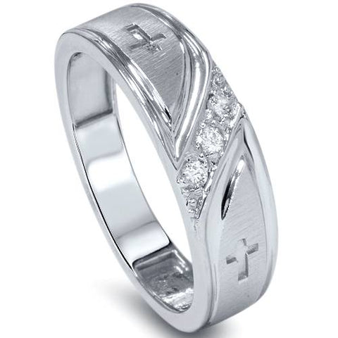 1/10 ct Mens Diamond Cross Wedding Anniversary Ring 10K White Gold