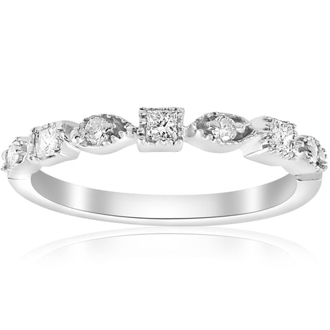 1/5ct Princess Cut Diamond Stackable Vintage Wedding Band 14K White Gold Ring