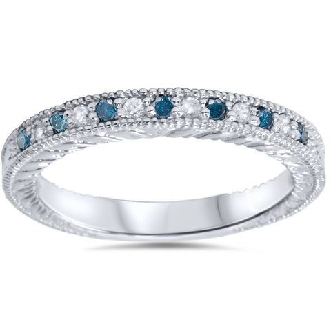 1/6ct Blue & White Diamond Vintage Wedding Ring 14K White Gold