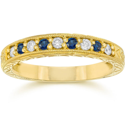 1/4Ct Genuine Blue Sapphire & Diamond Vintage Ring 14K Yellow Gold