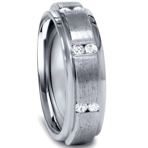 Mens Brushed Wedding Diamond 14K White Gold Ring