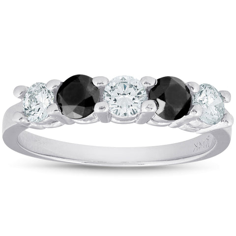 1 ct Treated Black & White 5 Stone Diamond Wedding Stackable Ring 14K White Gold
