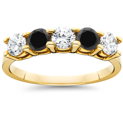 1.25Ct Heat Treated Black & Natural White Diamond 5 Stone Ring 10K Yellow Gold