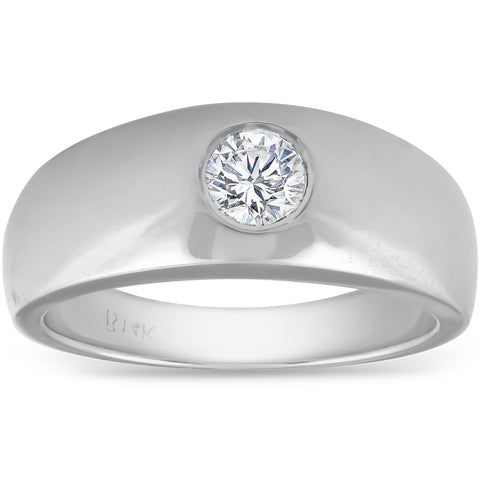 Mens 14k White Gold 1/2ct Solitaire Bezel Round Diamond Wedding Anniversary Ring