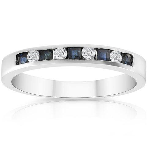 1/2 ct Princess Cut Blue Sapphire & Diamond Wedding Ring 14k White Gold