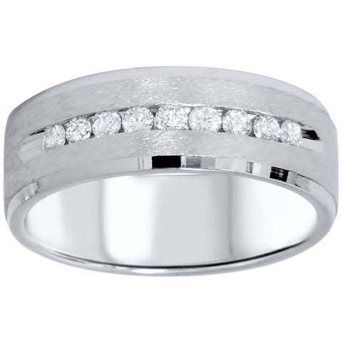 3/4ct Mens Diamond Channel Set 7mm Brushed Wedding Ring 14K White Gold