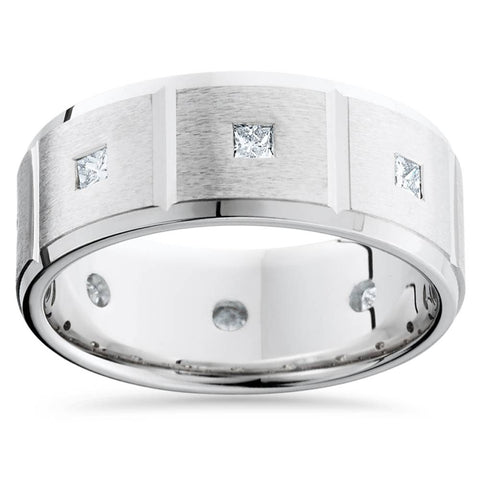 Mens Princess Cut Diamond Wedding Ring Comfort Fit Brushed Bevel In 14K White Gold