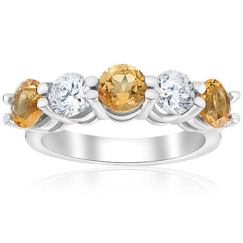 2 1/2ct Citrine & Diamond 5-Stone Ring 14K White Gold Womens Wedding Band Round