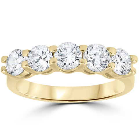 2 Ct Real Diamond Wedding Ring 14k Yellow Gold 5-Stone Women's Anniversary Band