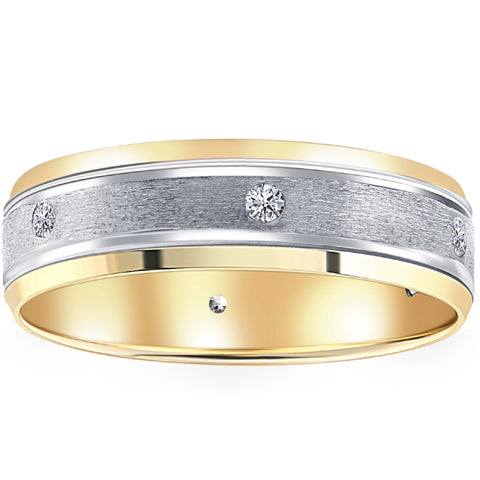 14k White & Yellow Gold Diamond Men's Brushed Wedding Ring