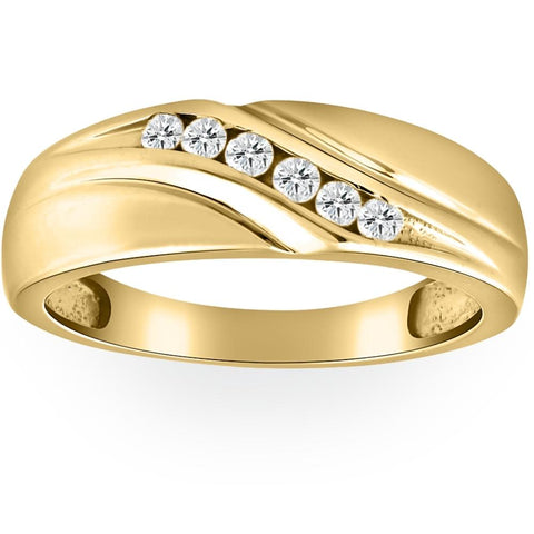 Mens 14K Yellow Gold 1/4ct Diamond Wedding Ring Band