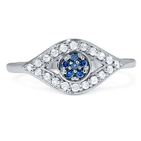 1/3ct Blue & White Diamond Evil Eye Ring 14K White Gold