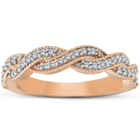 1/5ct Pave Diamond Woven Infinity Wedding Ring 14K Rose Gold Stackable Band