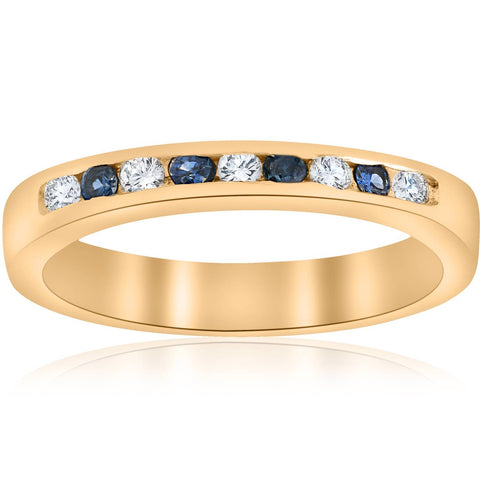 1/3ct Blue Sapphire & Round Diamond Wedding Yellow Gold Anniversary Guard Ring