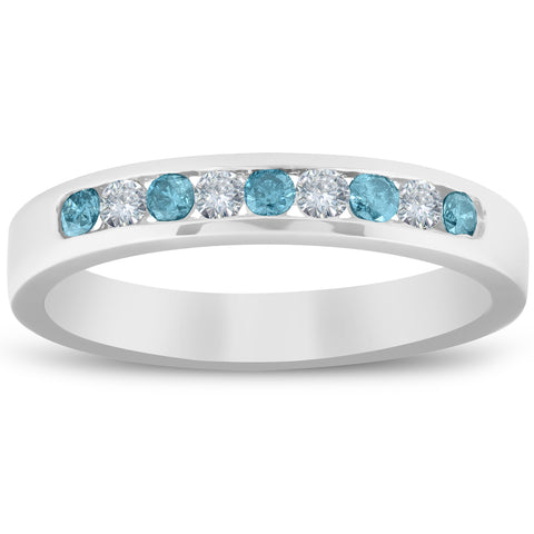 1/4ct Blue & White Diamond Wedding Ring 14K White Gold
