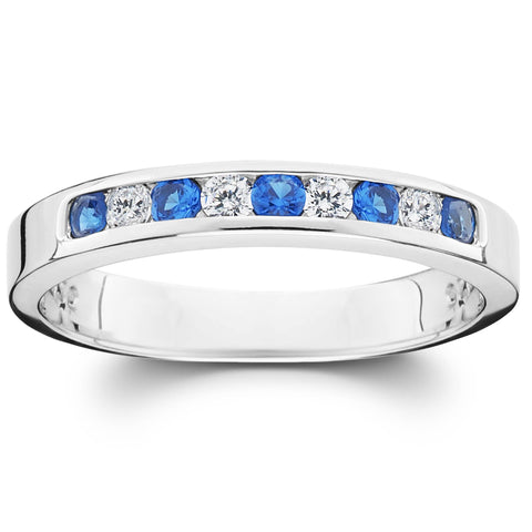 1/4ct Diamond & Blue Sapphire Anniversary Wedding Ring 14k White Gold
