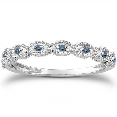 1/10ct Vintage Blue Diamond Engagement Ring Set 14K White Gold