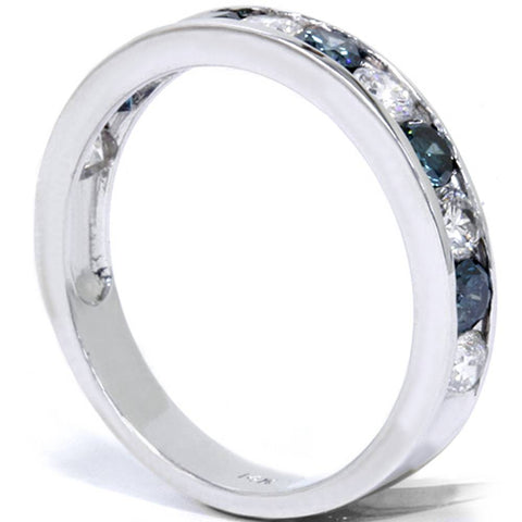 1 carat Channel Set Treated Blue & White Diamond Ring 14K White Gold