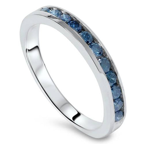 1 carat Treated Blue Diamond Channel Set Wedding Ring 14K White Gold
