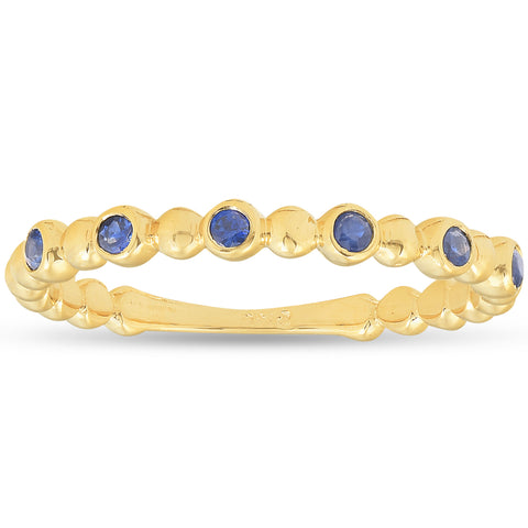 14k Yellow Gold Blue Sapphire Ring 1/8ct Womens Stackable Beaded Band