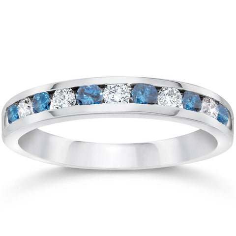 1/2ct Treated Blue & White Diamond Channel Set Wedding Ring 14K White Gold