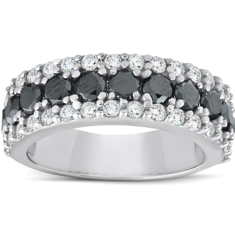1 5/8ct Treated Black & White Diamond Wide Womens Wedding Ring 14K White Gold