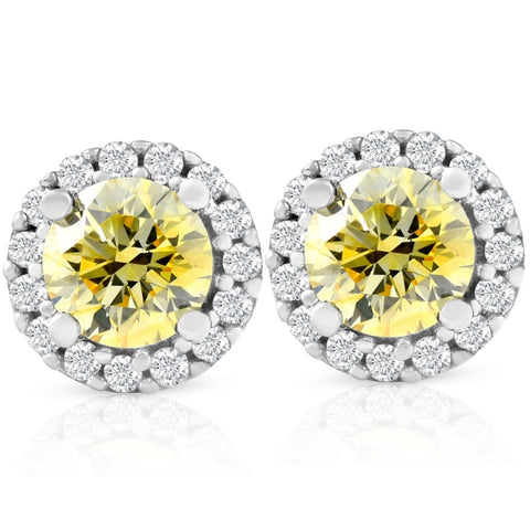 VS 1/2 Ct Halo Fancy Canary Yellow Lab Grown Diamond Studs White Gold Earrings
