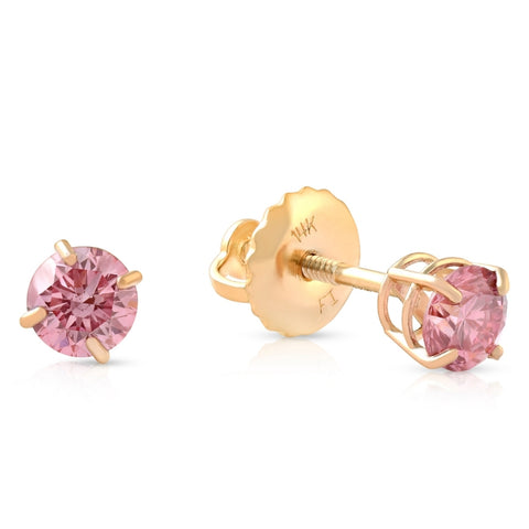 VS 3/8Ct Pink Lab Grown Diamond Screw Back Studs Earrings 14K Yellow Gold